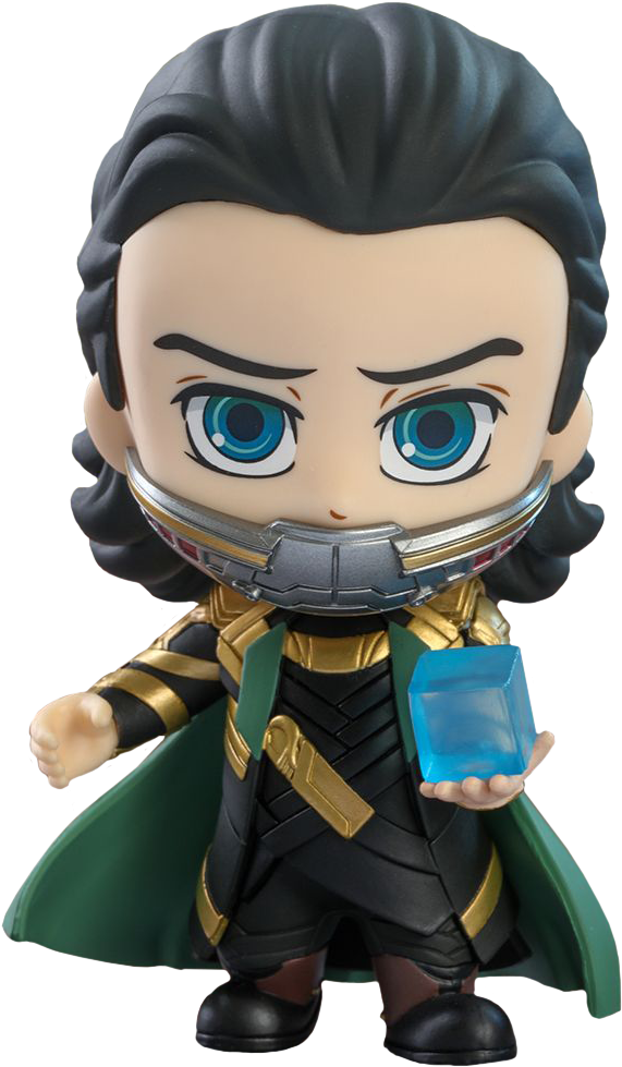 洛基 Funko Pop 持方塊石 壁紙 — 藍眼睛、銀色面具的Q版洛基公仔，在黑色背景前拿著發光的藍色立方體。