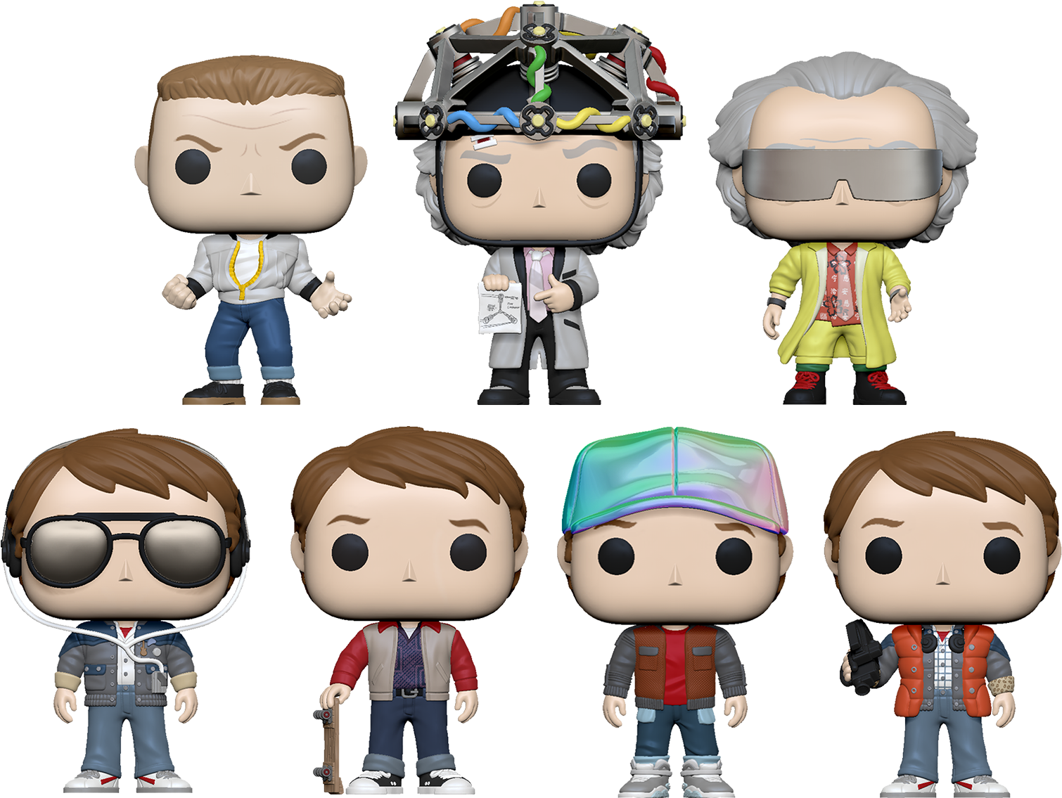 回到未來 Funko Pop 收藏系列 壁紙 — 六個《回到未來》角色的 Funko Pop 人偶在黑色背景前擺姿勢。