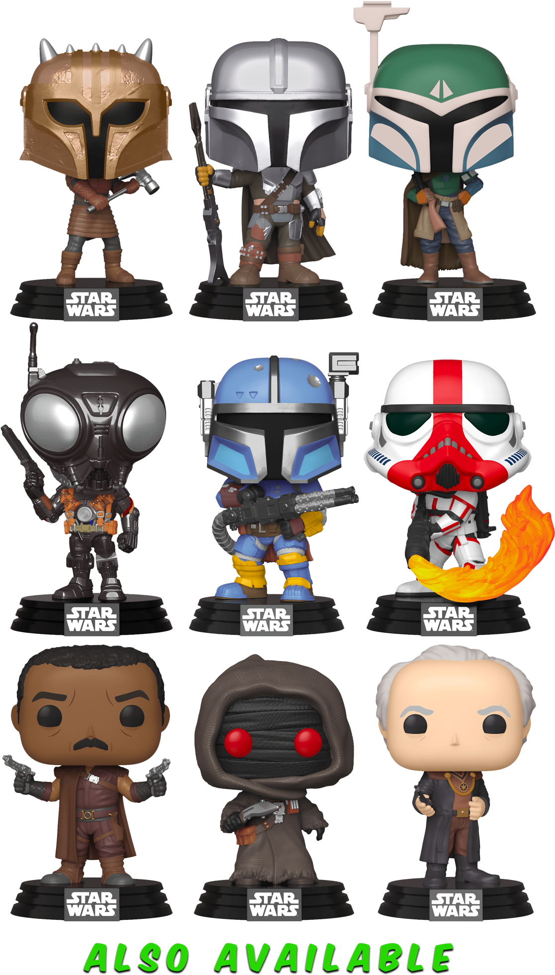 星際大戰Funko Pop收藏系列 壁紙 — 九個星戰Funko Pop公仔，包括曼達洛人以及古古和達斯摩爾等角色，站在黑色底座上，背景深色。