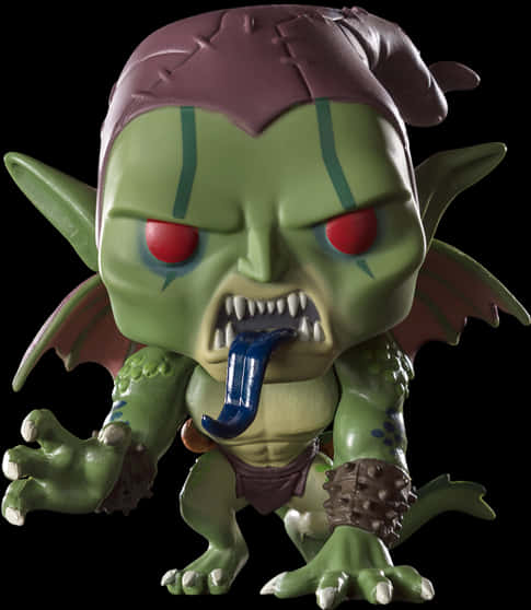Funko Pop 綠色小惡魔人偶 壁紙 — 一個綠色哥布林公仔，紅色眼睛和藍色舌頭伸出，在黑色背景上顯得咄咄逼人。