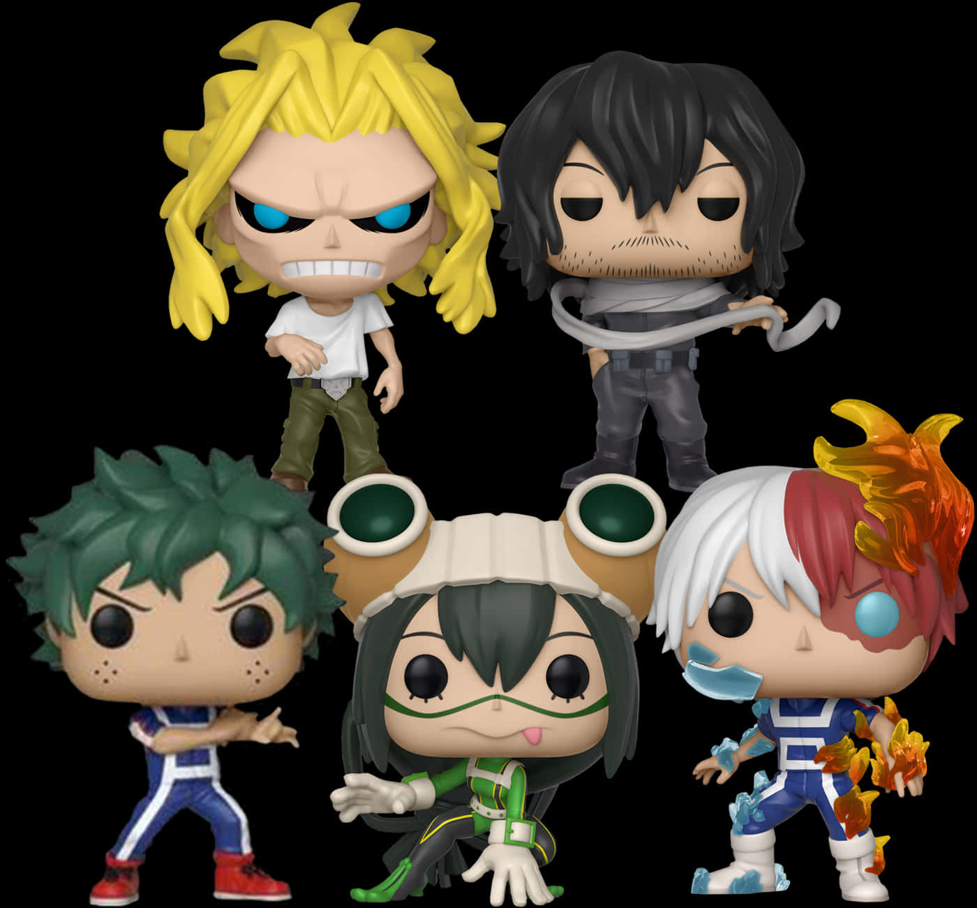 《我的英雄學院》Funko Pop系列收藏 壁紙 — 五個《我的英雄學院》角色的 Funko Pop! 人偶在黑色背景前動態擺姿勢。