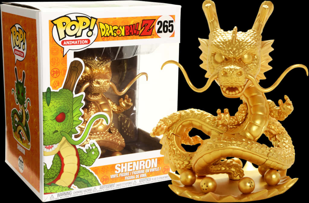 金色神龍Funko Pop 龍珠Z 壁紙 — Golden Shenron Funko Pop! 乙烯基公仔在黑色背景前與其橙色和白色包裝並排擺姿勢。