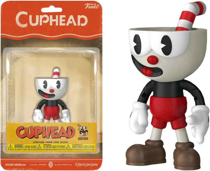 杯頭 Funko 行動人偶包裝 壁紙 — 一個Cuphead的Funko Pop!人偶站在其原始包裝旁邊，包裝上展示了角色標誌性的杯頭和條紋吸管。