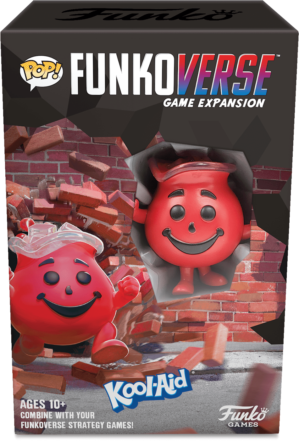 FunkoVerse 酷樂先生遊戲擴充包 壁紙 — 兩個紅色Kool-Aid Man Funko Pop!公仔在動態動作場景中衝破搖搖欲墜的磚牆。