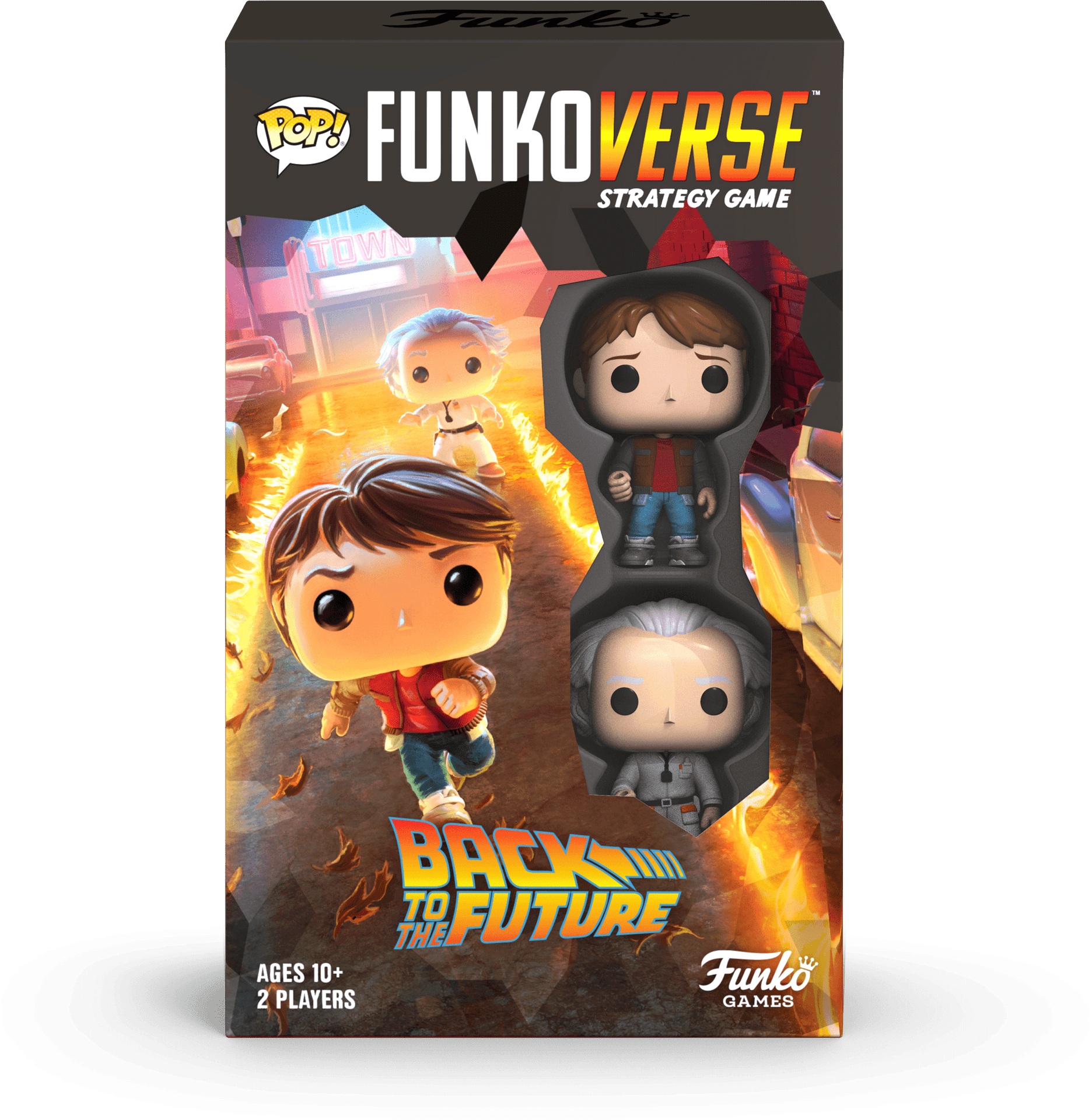 回到未來 Funkoverse 策略遊戲盒裝 壁紙 — 來自《回到未來》的Funko Pop!人偶站在一個帶有發光霓虹燈牌的遊戲盒上的火熱街道場景中。