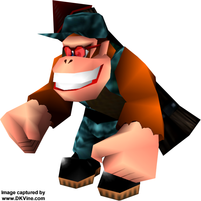 Funky Kong 3D 模型 壁紙 — 一隻戴帽子和紅色眼鏡的開心3D猴子在黑色背景上咧嘴笑著展示肌肉。
