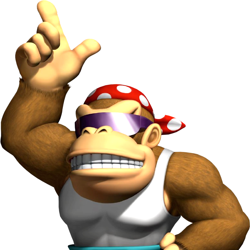 Funky Kong 指向上方的動作 壁紙 — 一隻肌肉發達的猴子戴著紅色圓點頭巾和白色背心，在黑色背景上自信地咧嘴笑著向上指。