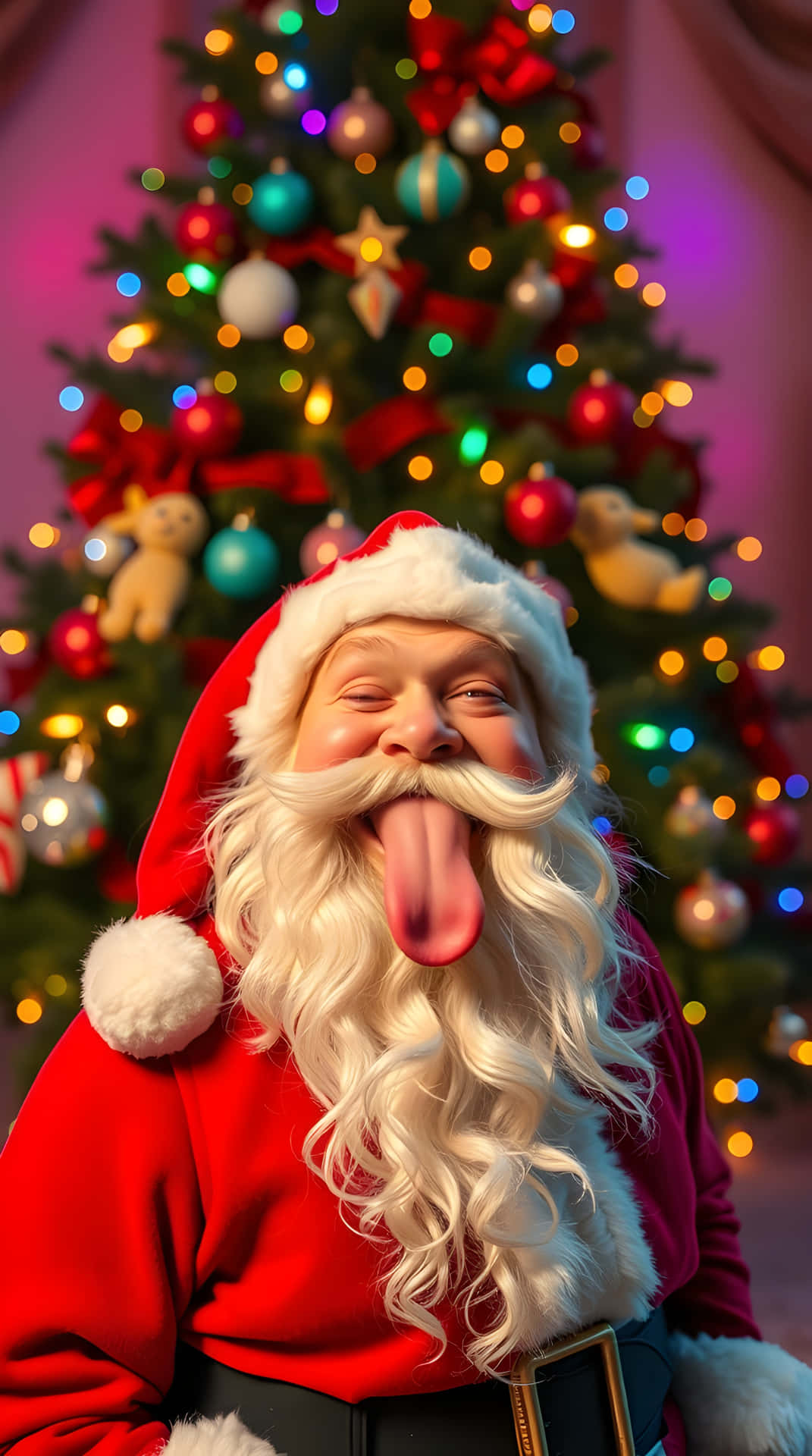 Funny Santa Sticking Tongue Out Christmas Wallpaper 4K with Tree Lights 壁紙 — 聖誕老人喺一個裝飾住色彩繽紛嘅飾物同閃爍燈光嘅明亮聖誕樹前面，頑皮咁伸出條脷。