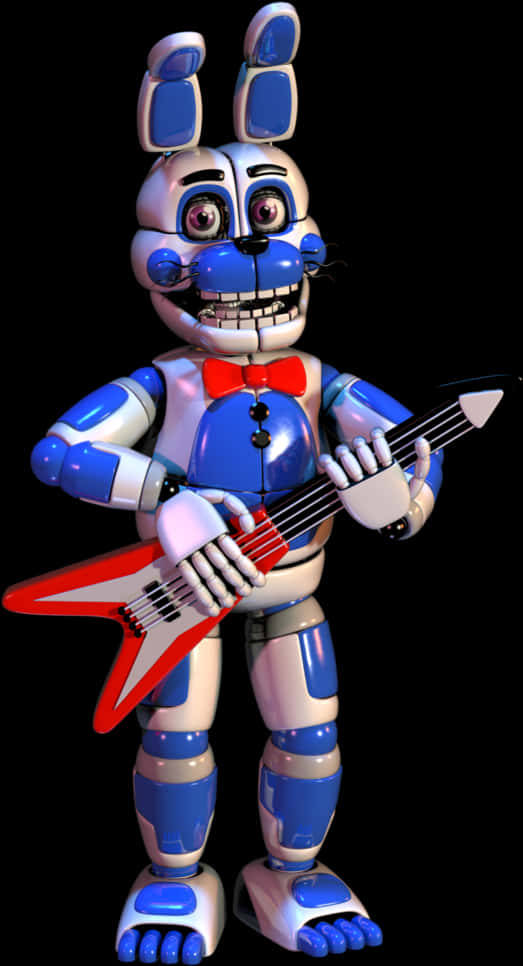 Funtime Bonnie 持吉他動畫角色 壁紙 — 一隻藍白相間的電子動畫兔子，戴著紅色領結，在黑色背景前彈奏紅色電結他。