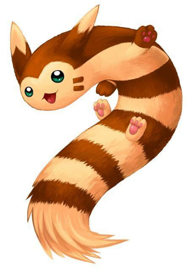 白色背景的 Furret 手機壁紙 壁紙 — 一隻可愛的卡通狐狸，帶有棕色和奶油色條紋，綠色大眼睛，在白色背景上擺出俏皮的姿勢。
