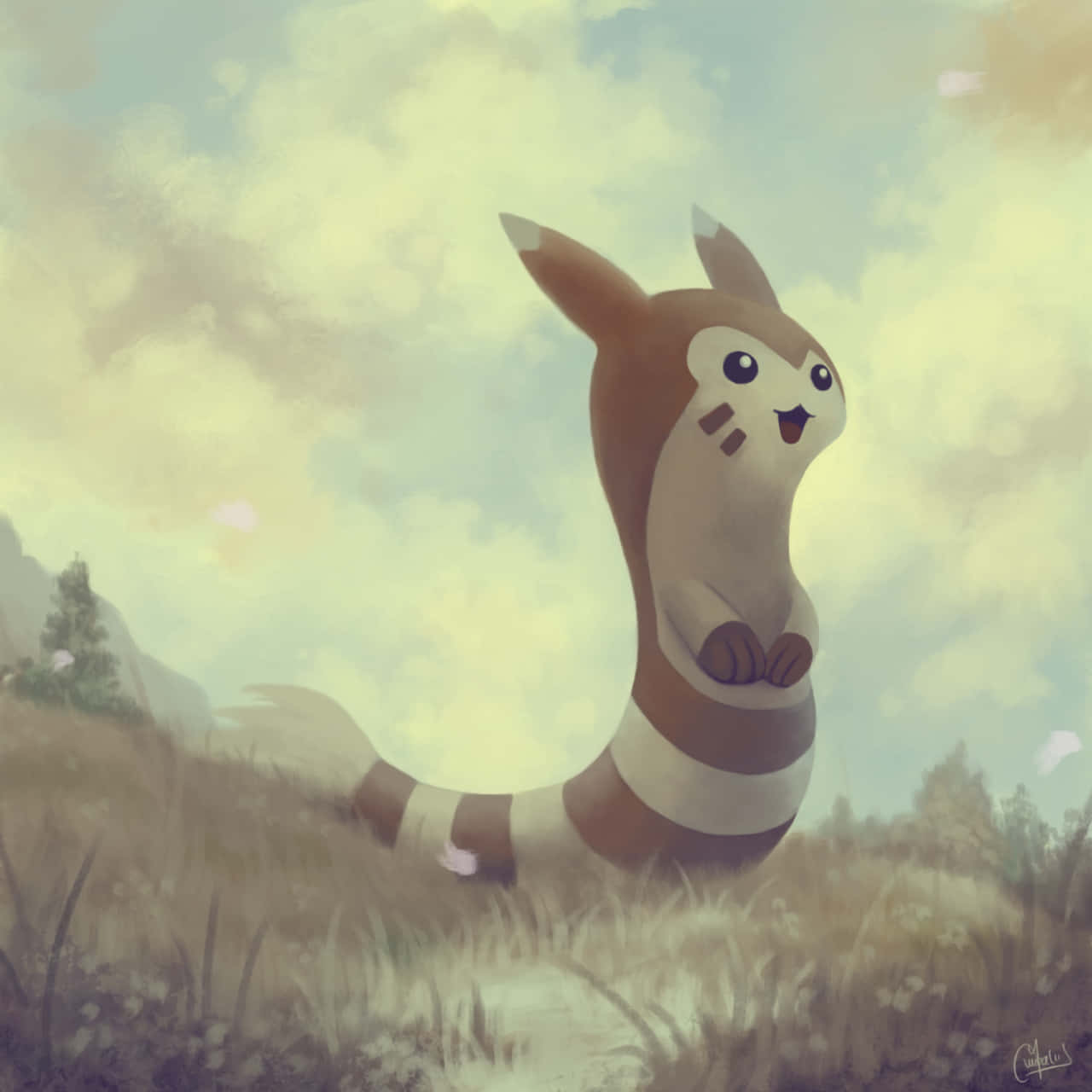 一隻快樂的 Rattata 站在多雲天空下的草地上。