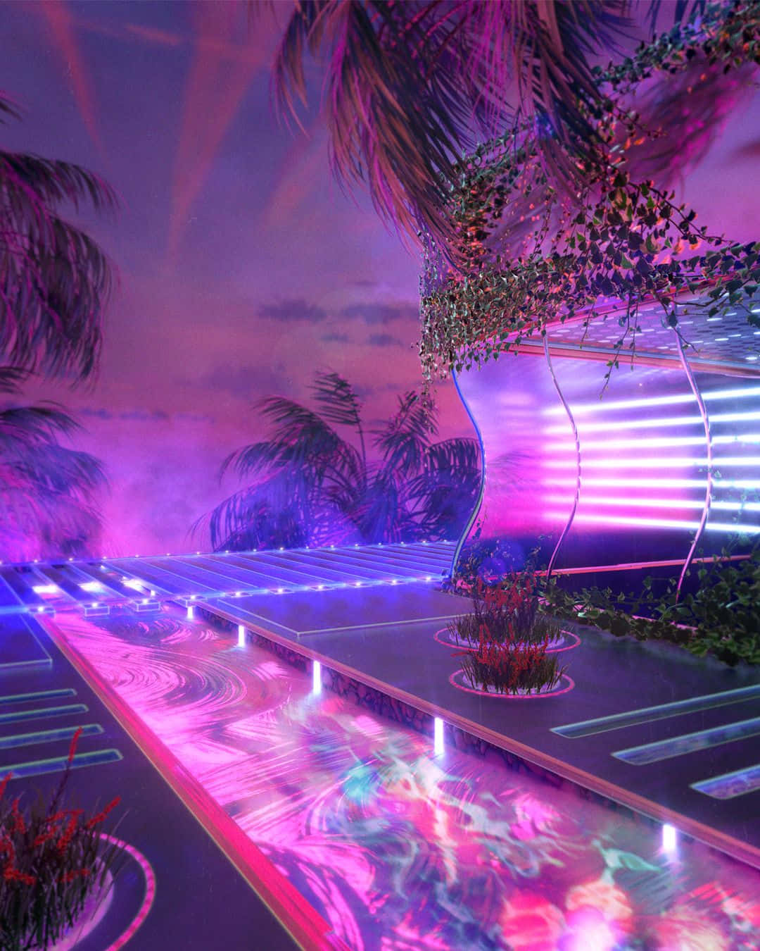Neon House 桌布 壁紙 — 一條未來風格的霓虹小徑蜿蜒穿過熱帶叢林，上方是發光的紫色天空。