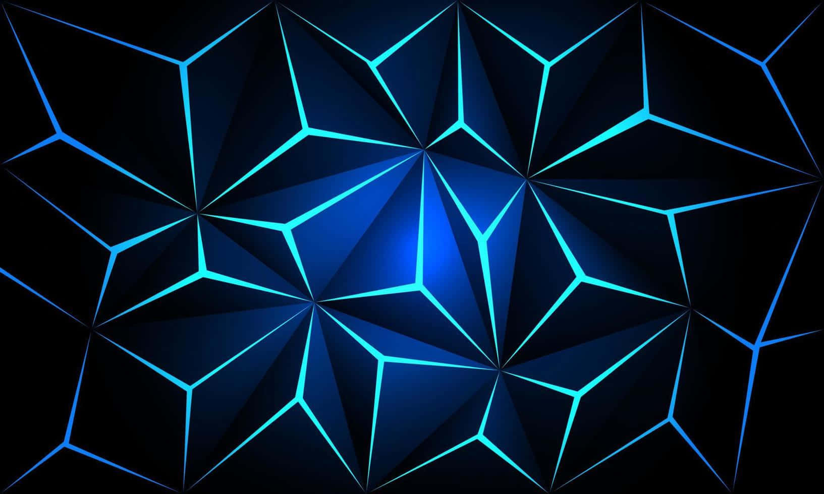  壁紙 — 黑色背景上發光藍色幾何切面的未來主義抽象圖案。