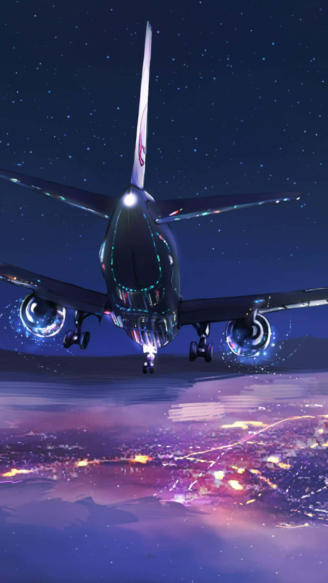 Flight 桌布 壁紙 — 一架未來風格的飛機在繁星點點的夜空下，降臨在散發光芒的城市景觀之上，帶有鮮豔的紫色和藍色色調。