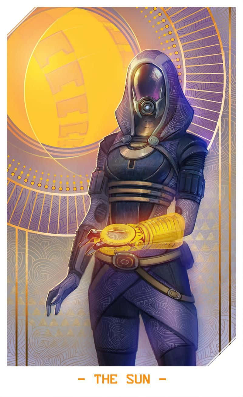 Mass Effect Legion 桌布 壁紙 — 一個未來風格的裝甲人物，戴著發光的黃色手套，站在華麗的紫色和金色圖案中閃耀的金色太陽圖案前。