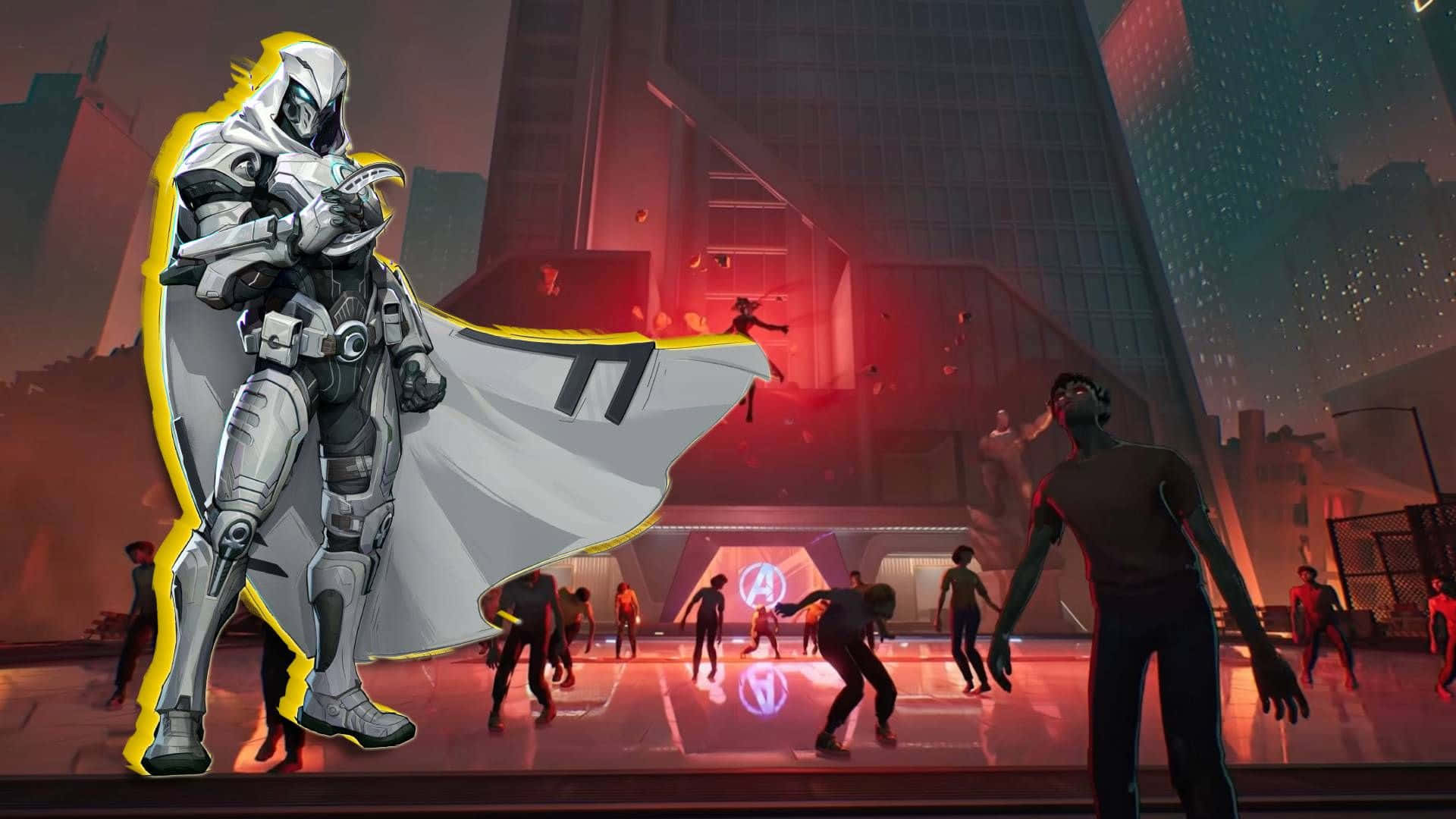  壁紙 — 一位身穿白色披風和黃色飾邊的未來裝甲英雄，英勇地站在霓虹燈照亮的天台上，下方的人們在閃爍的燈光下跳舞。