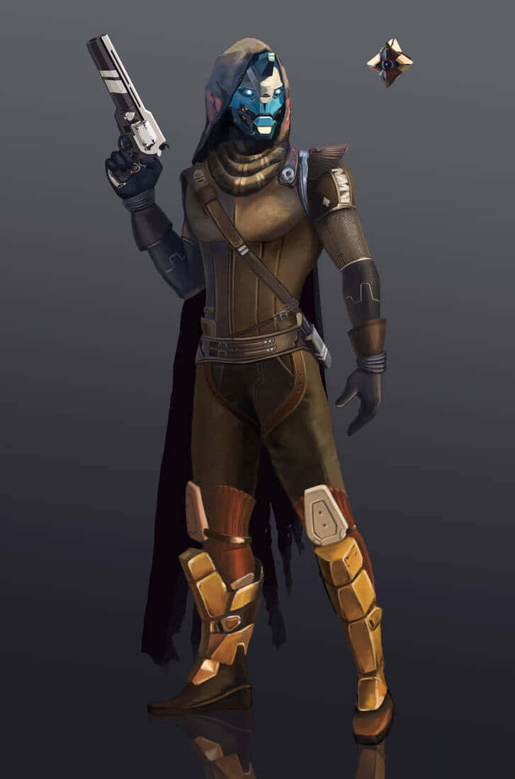 Cayde 6 桌布 壁紙 — 一個未來風格的裝甲戰士，擁有發光的藍色面孔，在深色漸變背景上握著一把手槍。