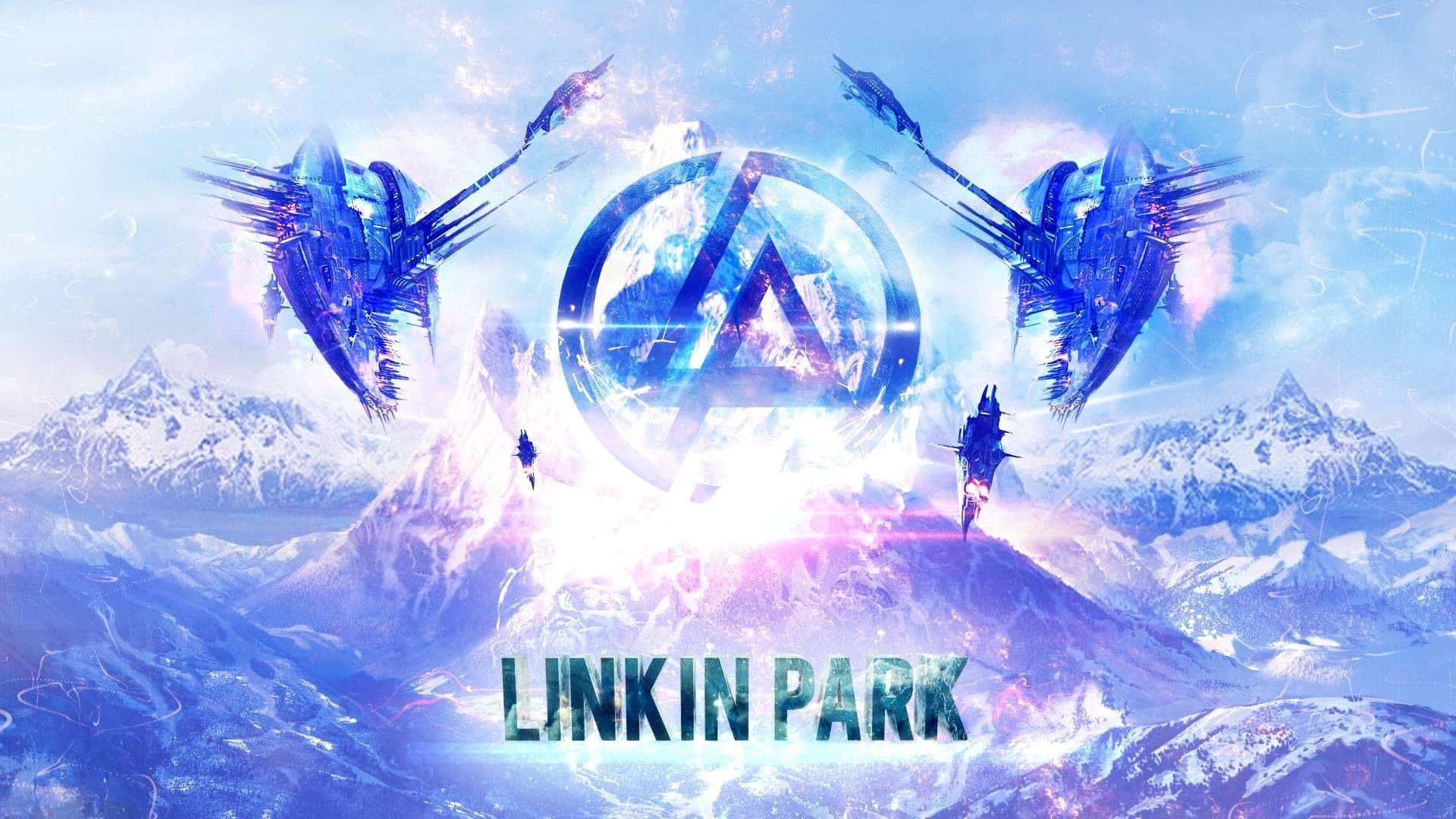  壁紙 — 未來藍色太空船在閃爍的宇宙天空下翱翔於雪山之上，帶有Linkin Park標誌。