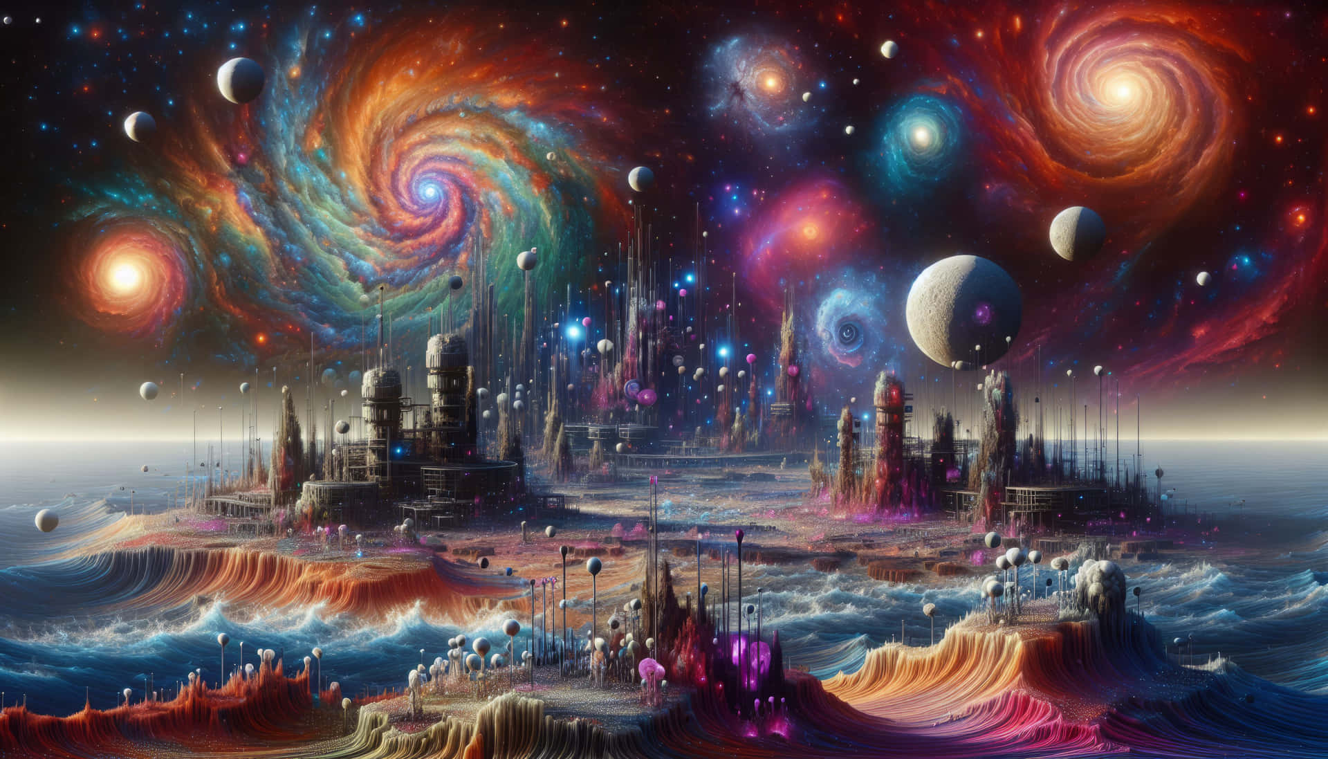  壁紙 — 一座未來城市漂浮在宇宙波上，下方是旋轉的星系和發光的行星，構成超現實的太空場景。