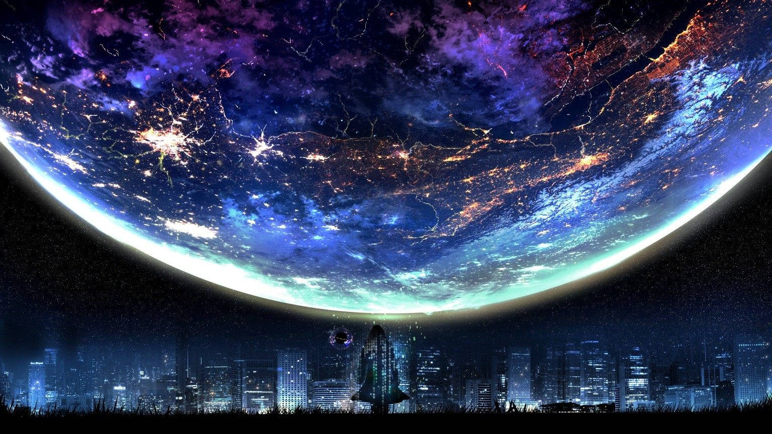 發光外星行星下的未來城市，帶有宇宙雲和城市燈光。