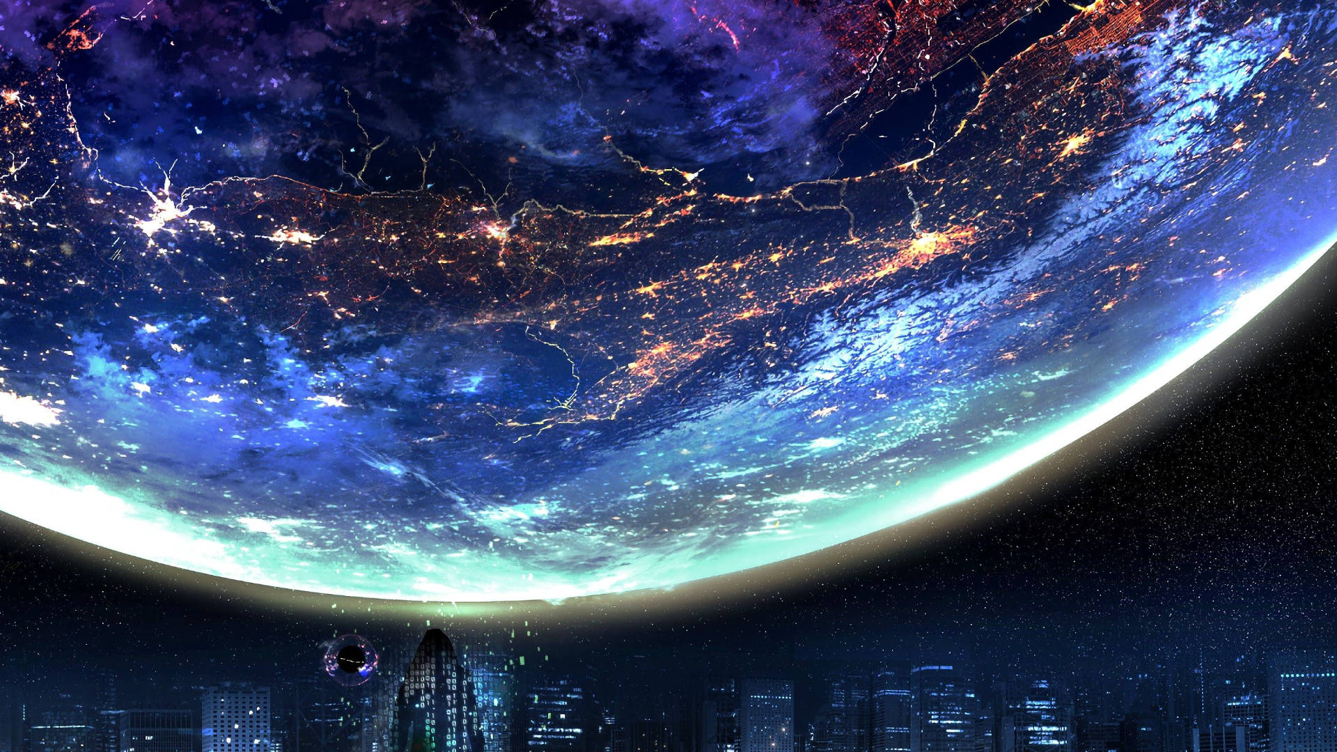 未來城市仰望一顆帶有極光和城市燈光的發光行星。