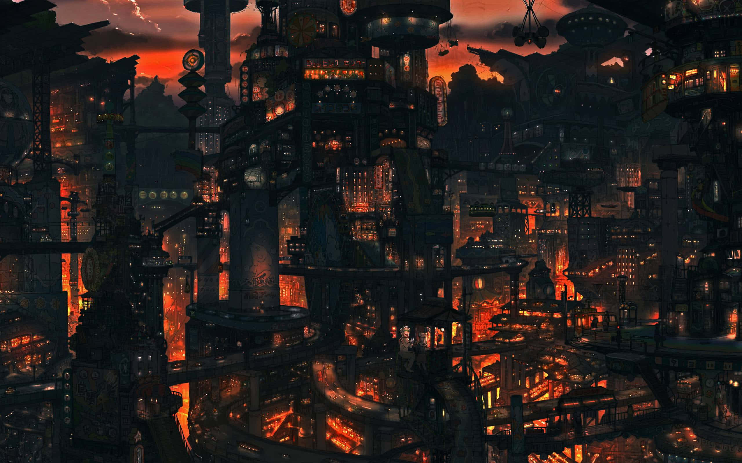 Dark Steampunk 桌布 壁紙 — 黃昏時分，廣闊的未來城市景觀，高聳的建築在火紅的天空映襯下發出橙色光芒。
