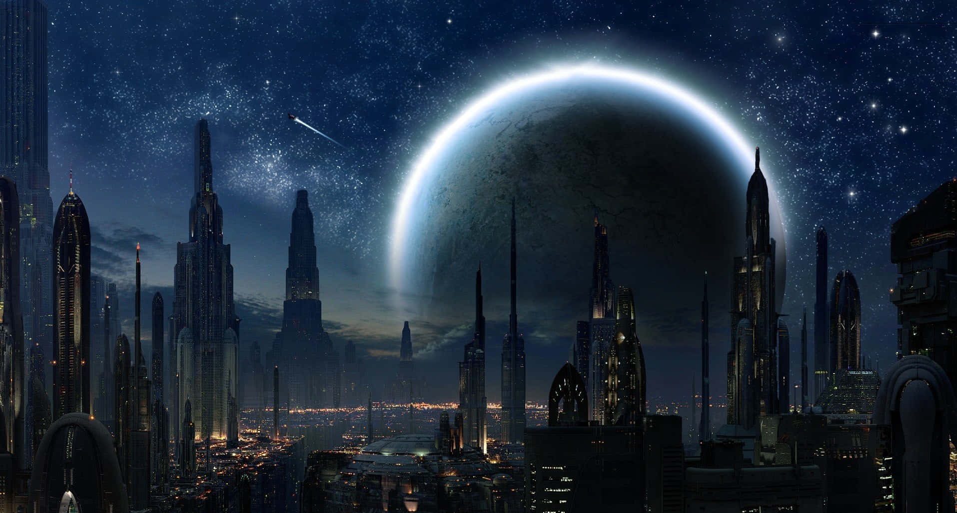  壁紙 — 未來主義的夜景城市景觀，高聳的摩天大樓在巨大的發光行星和星空下。