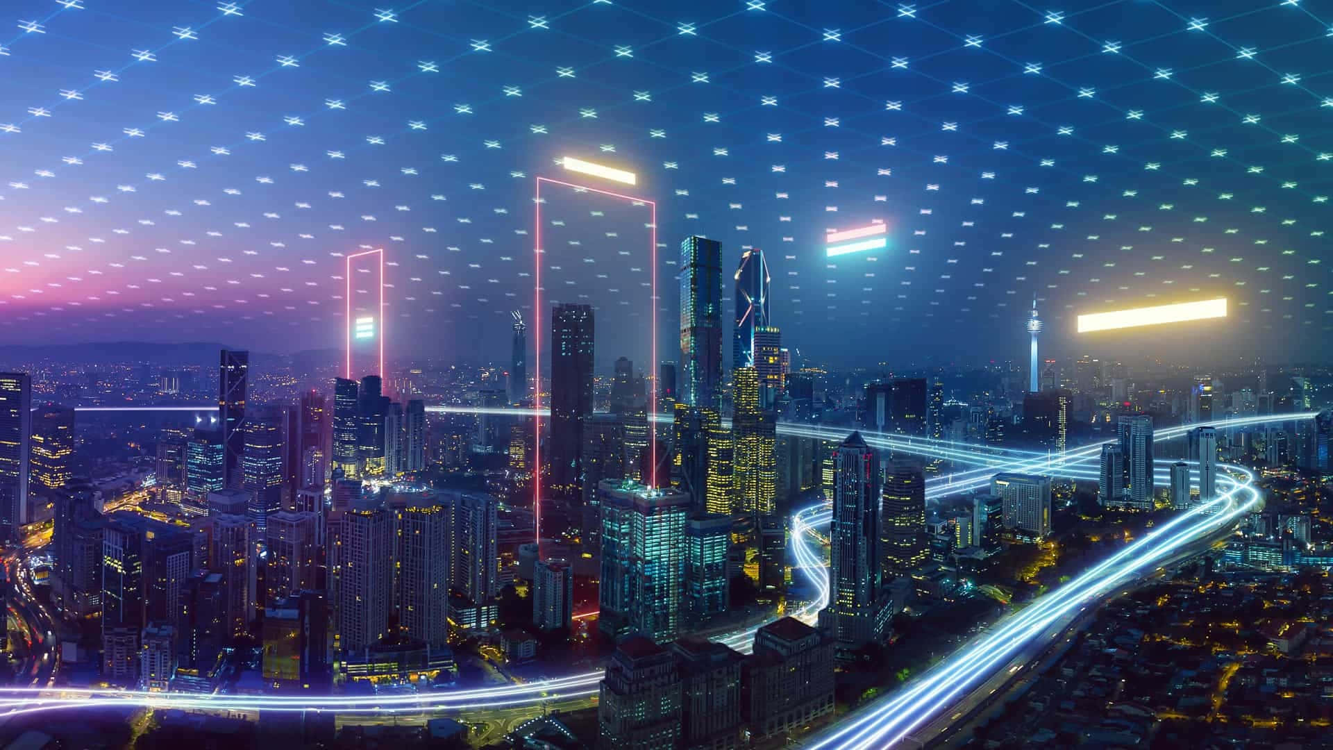  壁紙 — 黃昏時分的未來城市景觀，閃爍的霓虹高速公路和摩天大樓上空的星空天幕。