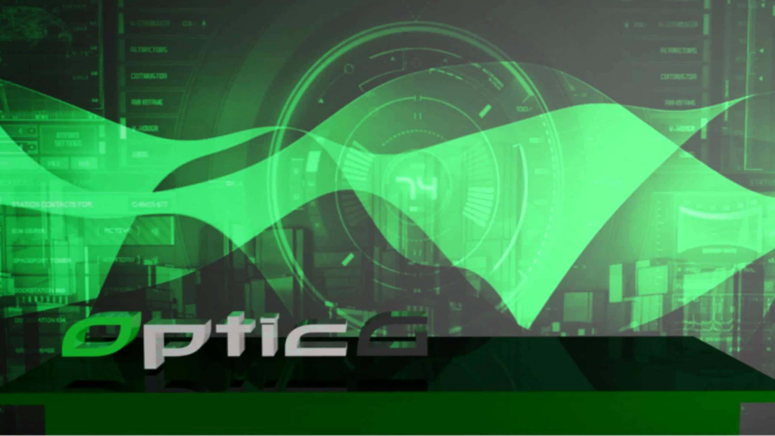 Optic Gaming 桌布 壁紙 — 一個未來風格的綠色數碼介面，帶有發光波形和全息UI元素，疊加在深色科技背景上。