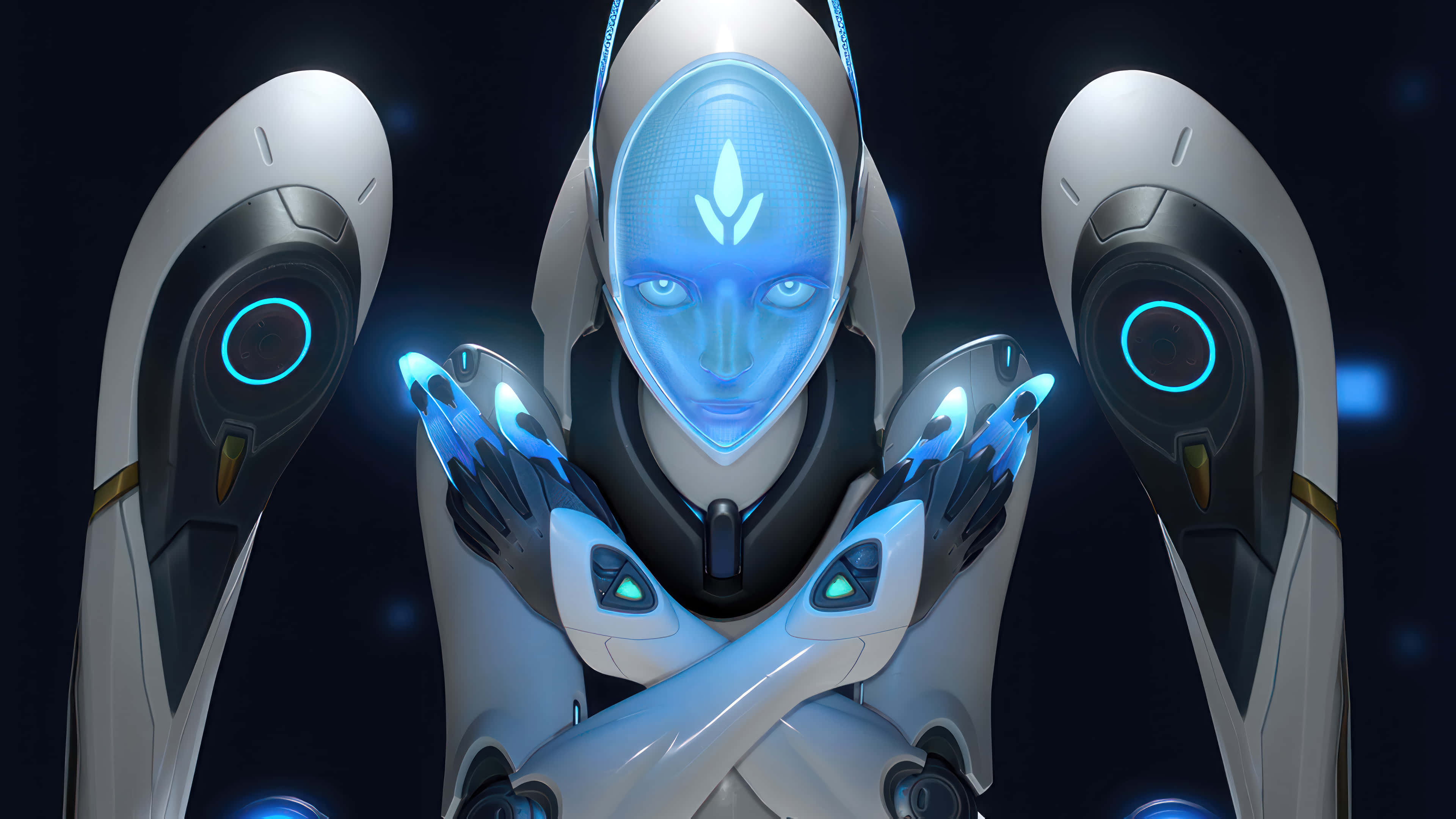 Overwatch Heroes 桌布 壁紙 — 一個未來感的人形機械人，擁有發光的藍色眼睛和雙手，在黑暗的宇宙背景下蓄勢待發。