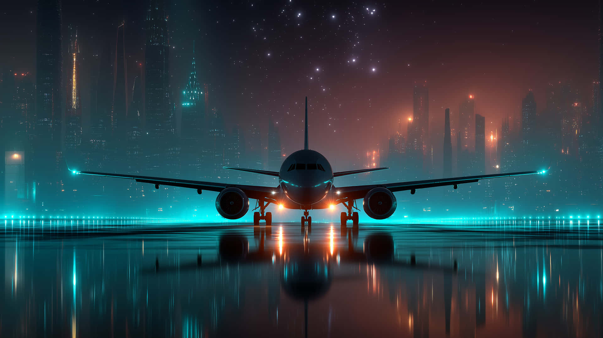 Futuristic Jet on Runway with Distant City Lights 壁紙 — 一架流線型飛機在夜間停在濕滑的跑道上，發光的城市燈光和星空倒映在水中。