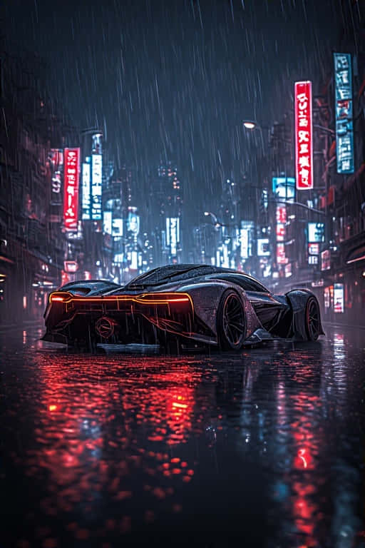 未來汽車在雨中霓虹招牌下濕漉漉的街道上亮起紅燈