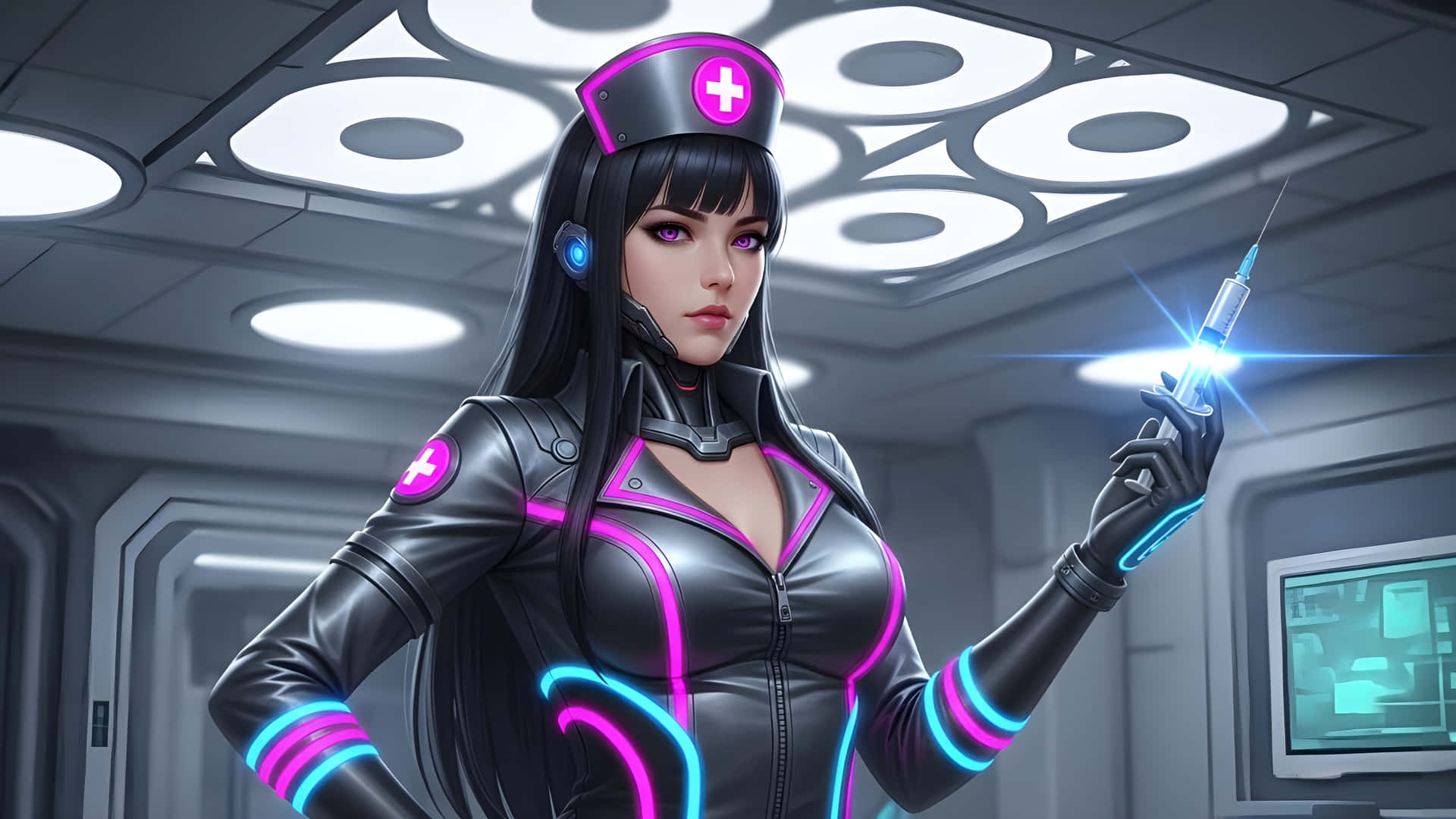 Futuristic nurse with glowing syringe in a high-tech medical bay 壁紙 — 一位賽博朋克護士穿著黑色皮革服裝，帶有發光的粉紅色和藍色點綴，在未來主義的醫療走廊中拿著發光的注射器。