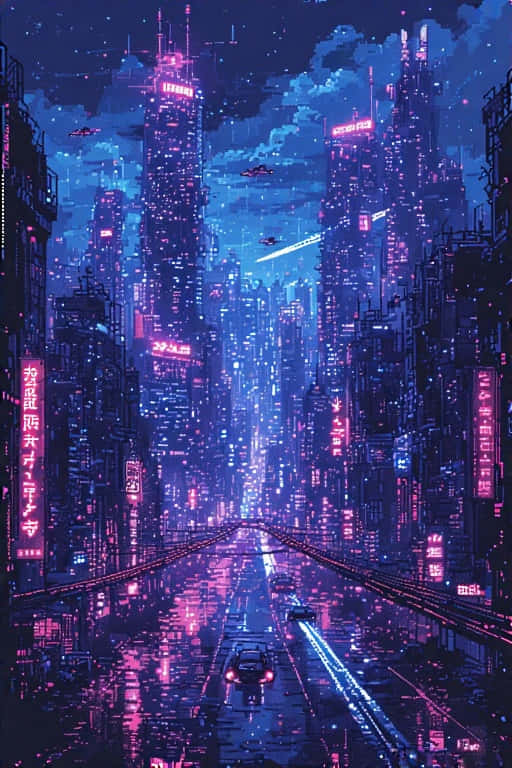 未來城市街道夜景，霓虹燈光反射在濕漉漉的路面上，上空有飛車。