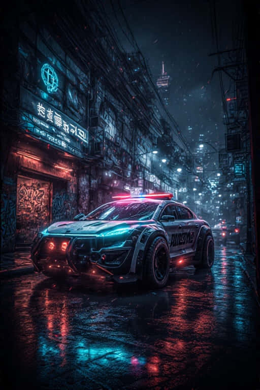 未來警車在潮濕的霓虹燈街道上閃爍燈光。