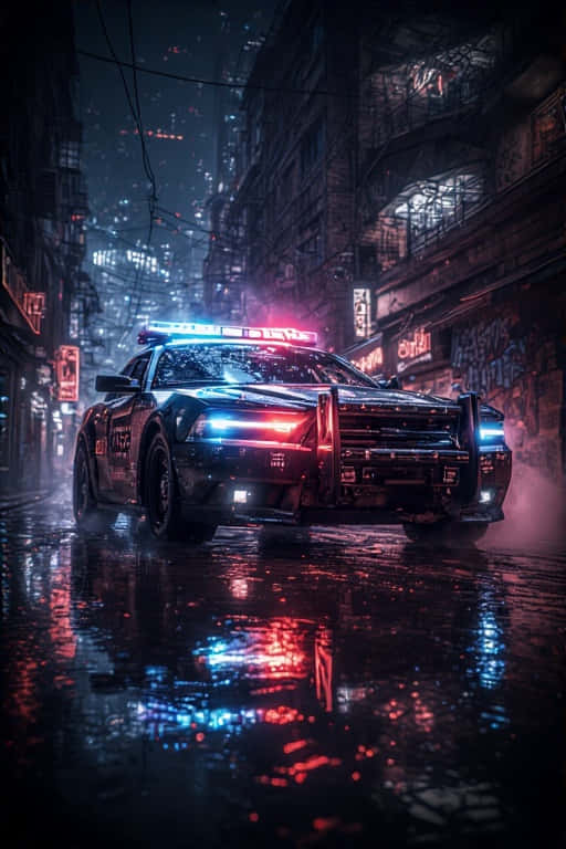 警車閃爍燈光駛過雨夜霓虹都市小巷