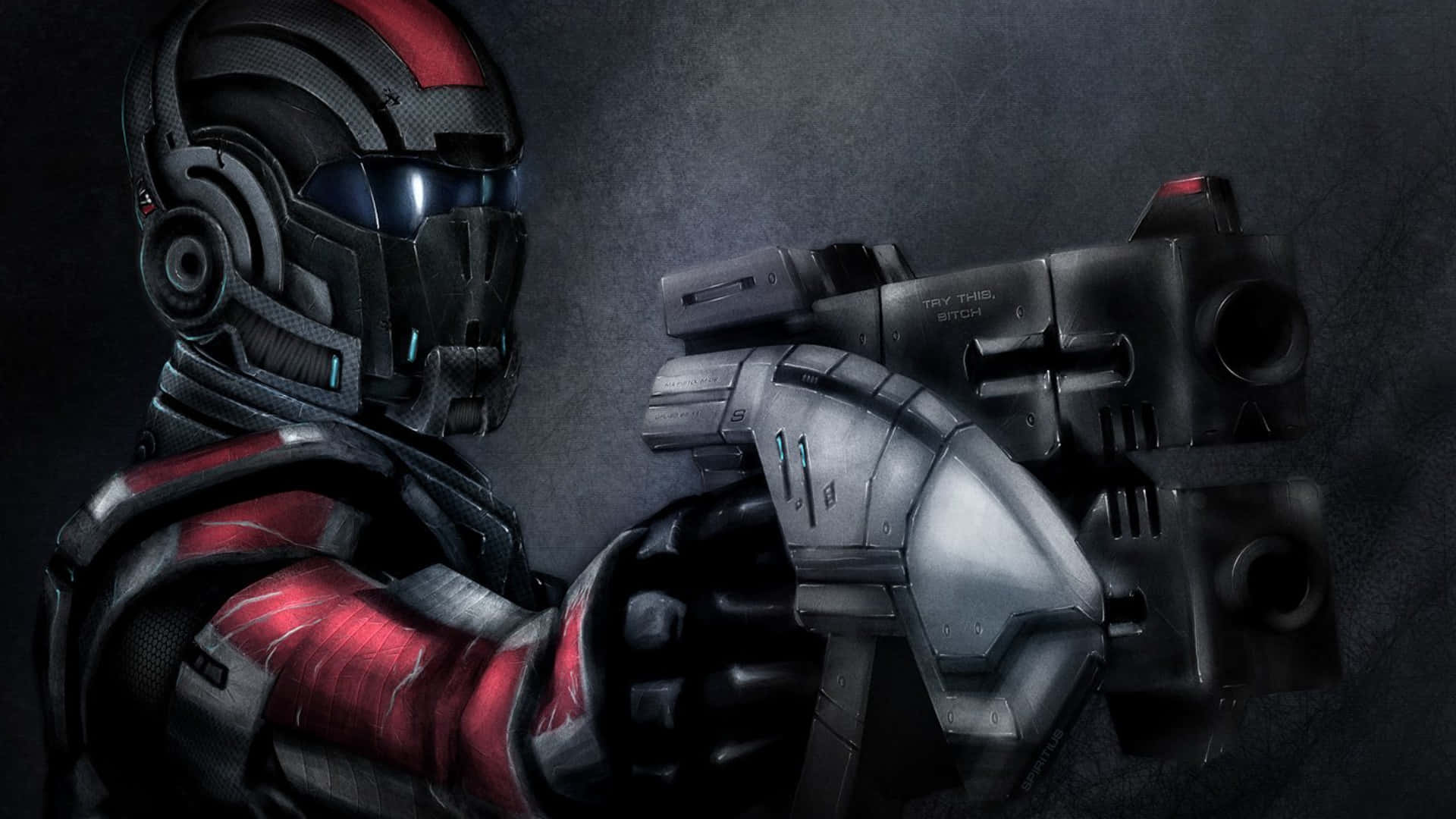 Mass Effect 2 桌布 壁紙 — 一名身穿紅黑裝甲的未來戰士，在黑暗粗糙的背景中瞄準重型武器。