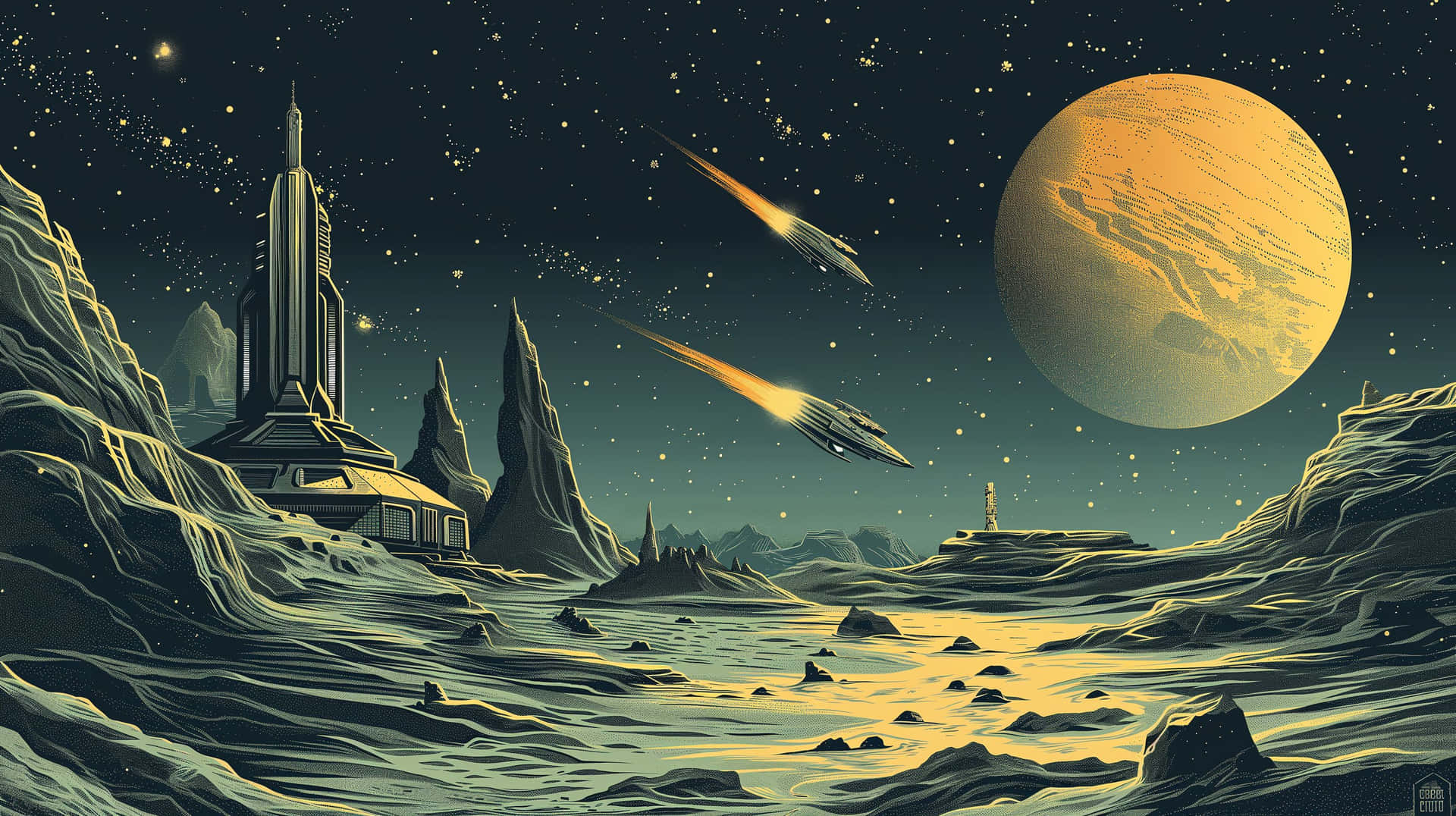  壁紙 — 一個未來風格的太空站棲息在岩石外星行星上，兩艘發光的飛船在星空下掠過一個巨大的橙色月亮。
