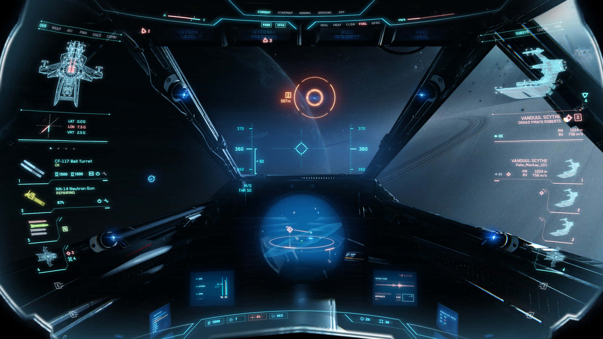 Spaceship Cockpit 桌布 壁紙 — 未來感太空船駕駛艙，配備發光藍色全息顯示屏和瞄準十字線，背景為星域。