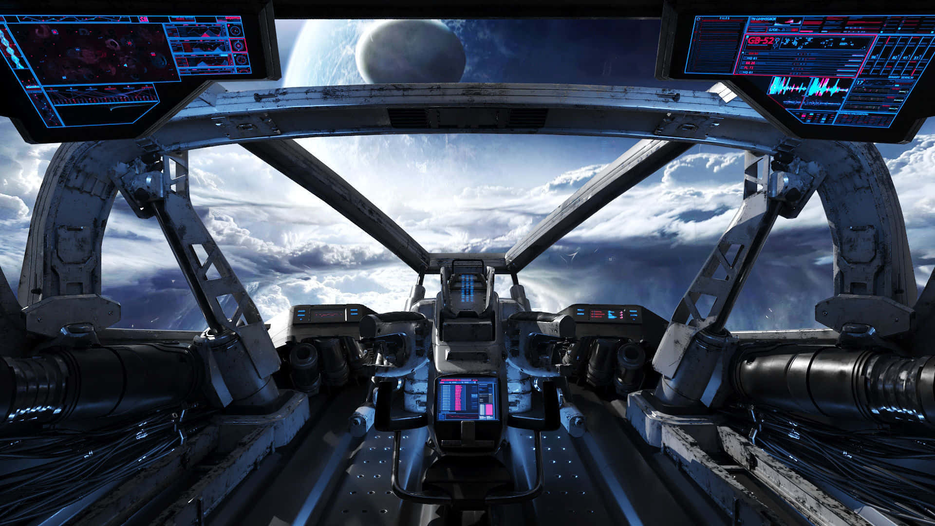 Spaceship Cockpit 桌布 壁紙 — 一個未來風格的太空船駕駛艙，配備發光的藍色屏幕，俯瞰著深空中的一顆行星和旋轉的雲層。