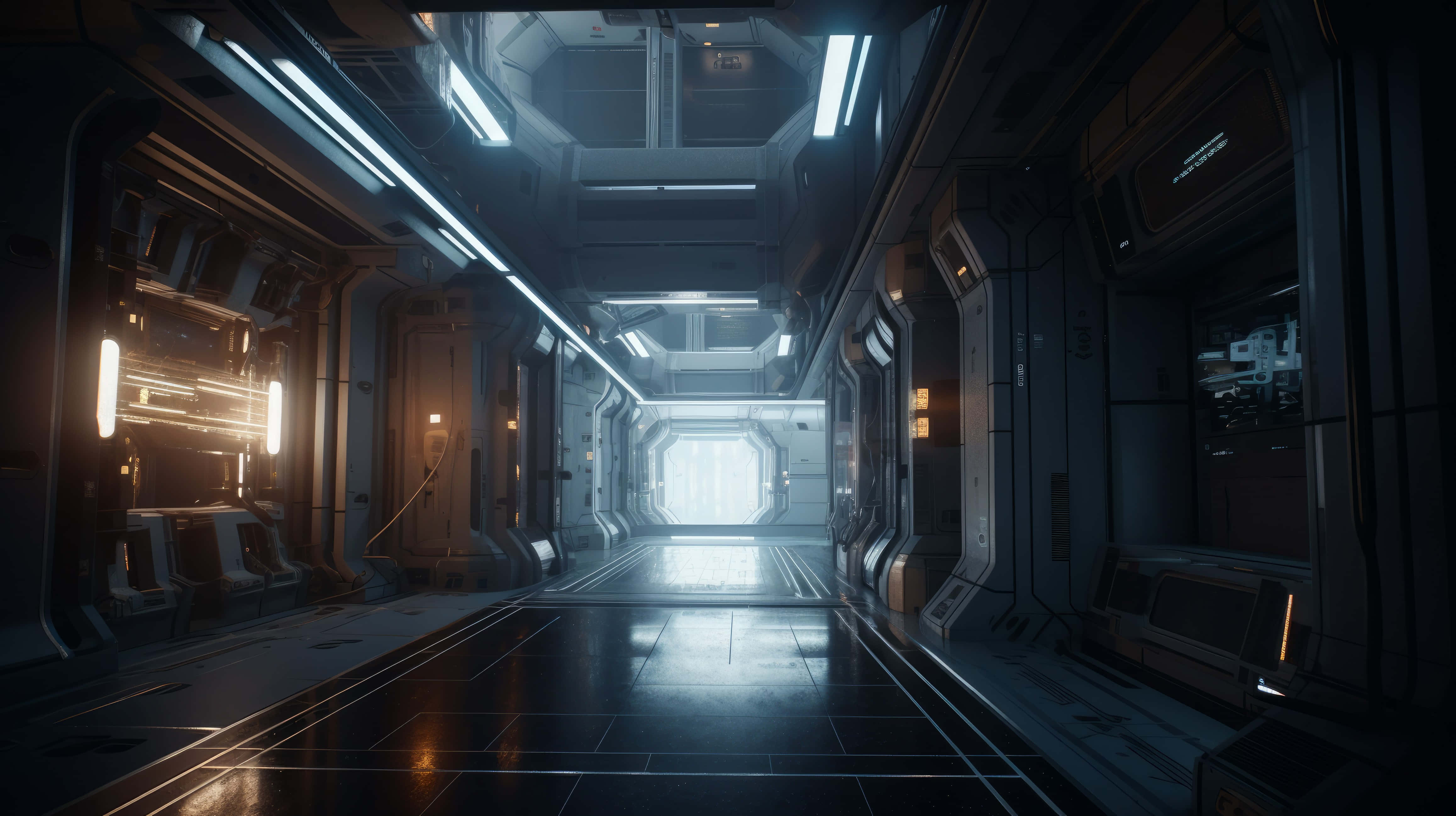 Spaceship Interior 桌布 壁紙 — 一條未來風格的太空船走廊，帶有發光的藍色燈光和反射地板，通向明亮的六邊形門口。