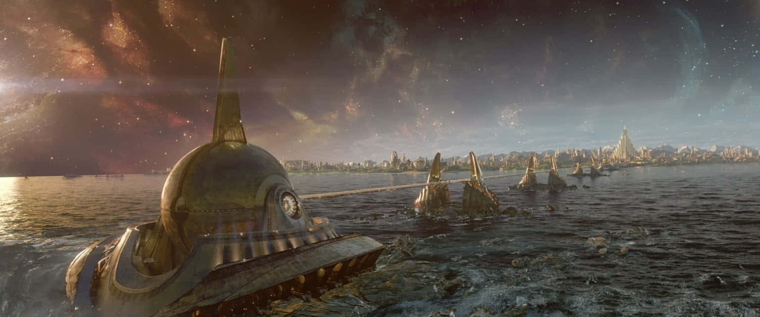  壁紙 — 一艘未來風格的太空船在異星水域中休憩，背景是繁星點點的宇宙天空和遙遠的城市景觀。