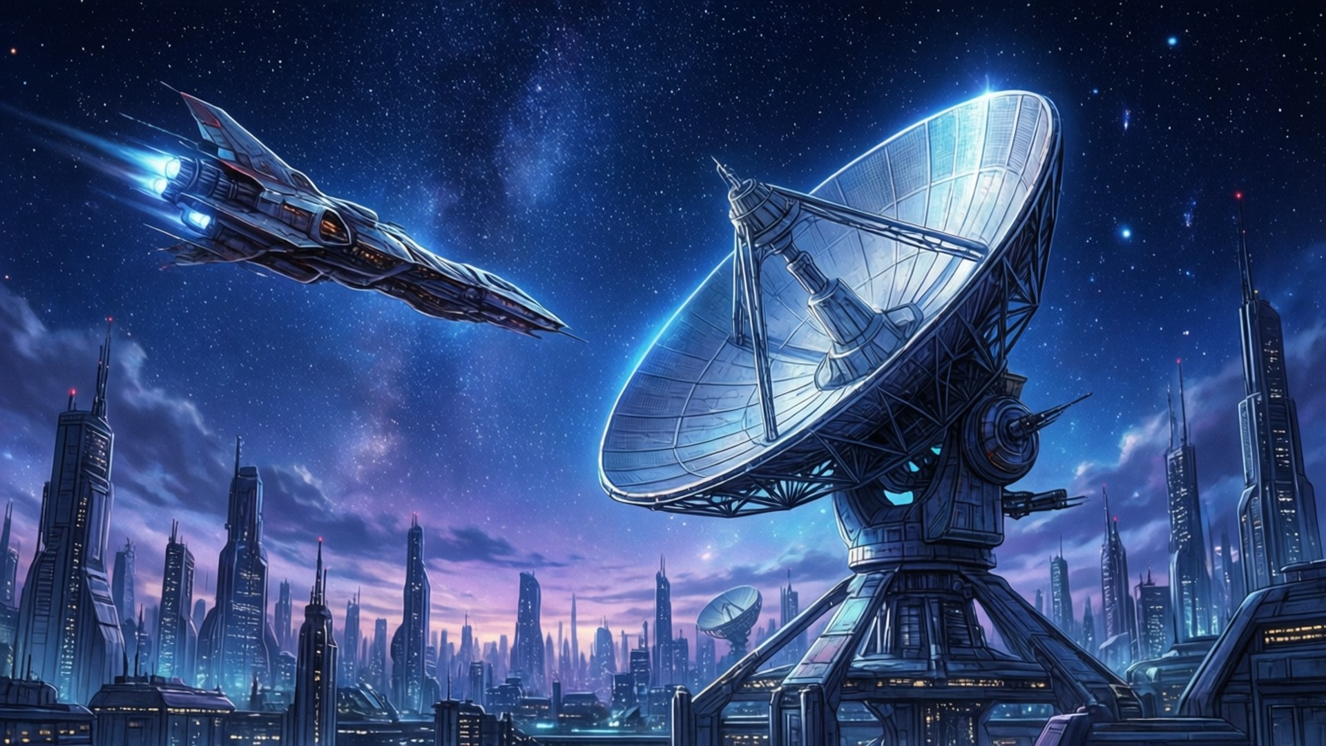 Satelight Animation Company 桌布 壁紙 — 一艘未來風格的太空船在星光暮色天空下，掠過霓虹燈外星城市上空的巨大衛星天線。