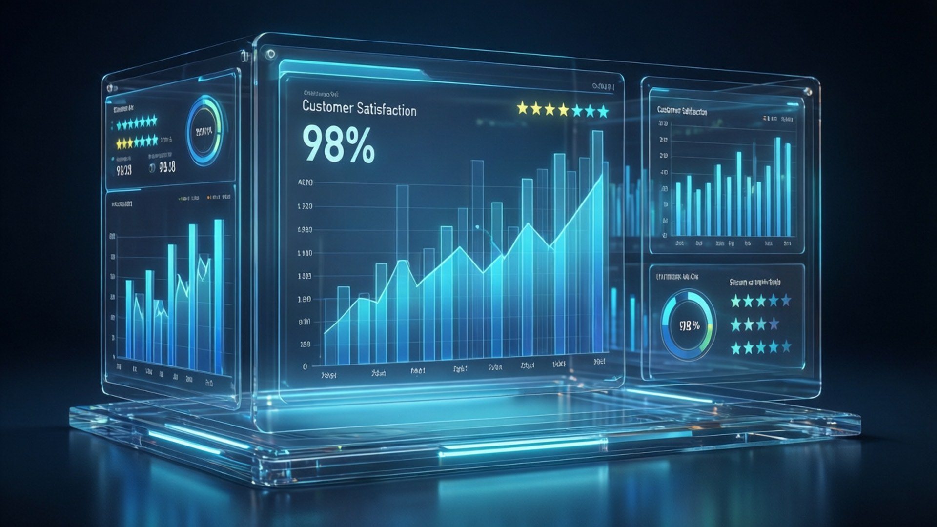 Holographic Review Metrics 壁紙 — 未來感透明全息儀表板，在深色背景上顯示發光藍色客戶滿意度圖表和圖形。