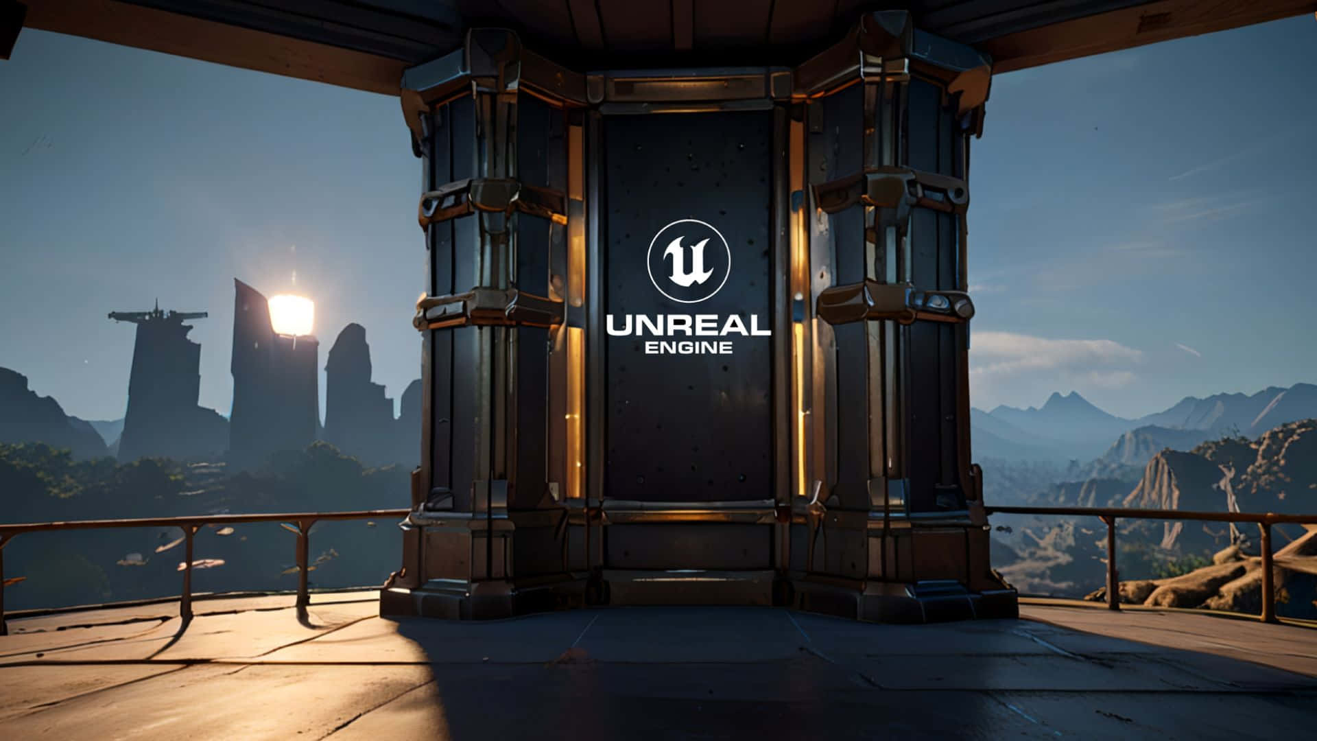  壁紙 — 一個未來風格的 Unreal Engine 標誌在金屬結構上發光，背景是沙漠峽谷的日出。