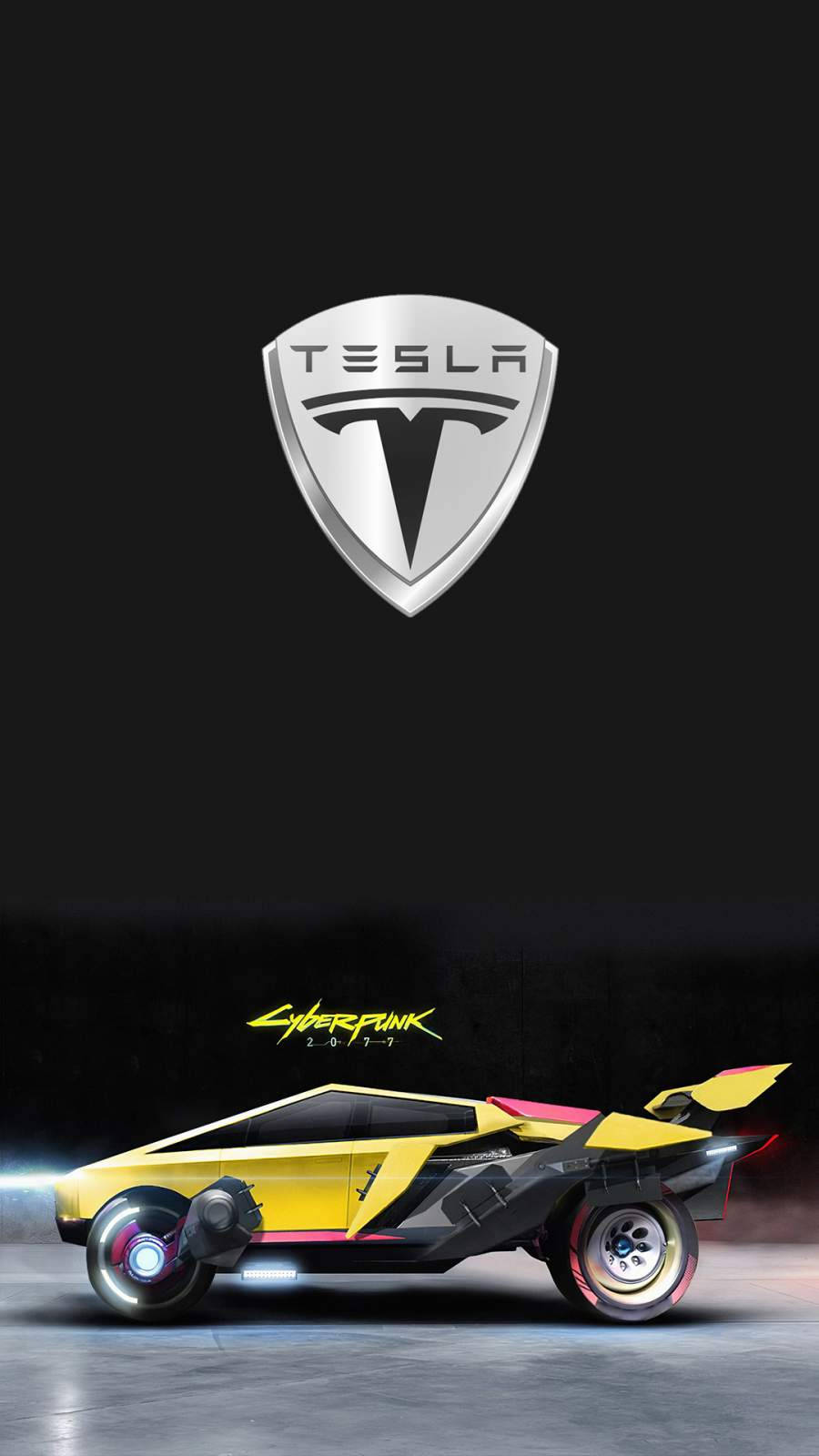 未來主義的黃色 Tesla Cybertruck，帶有發光車輪和銀色標誌，背景為深色。