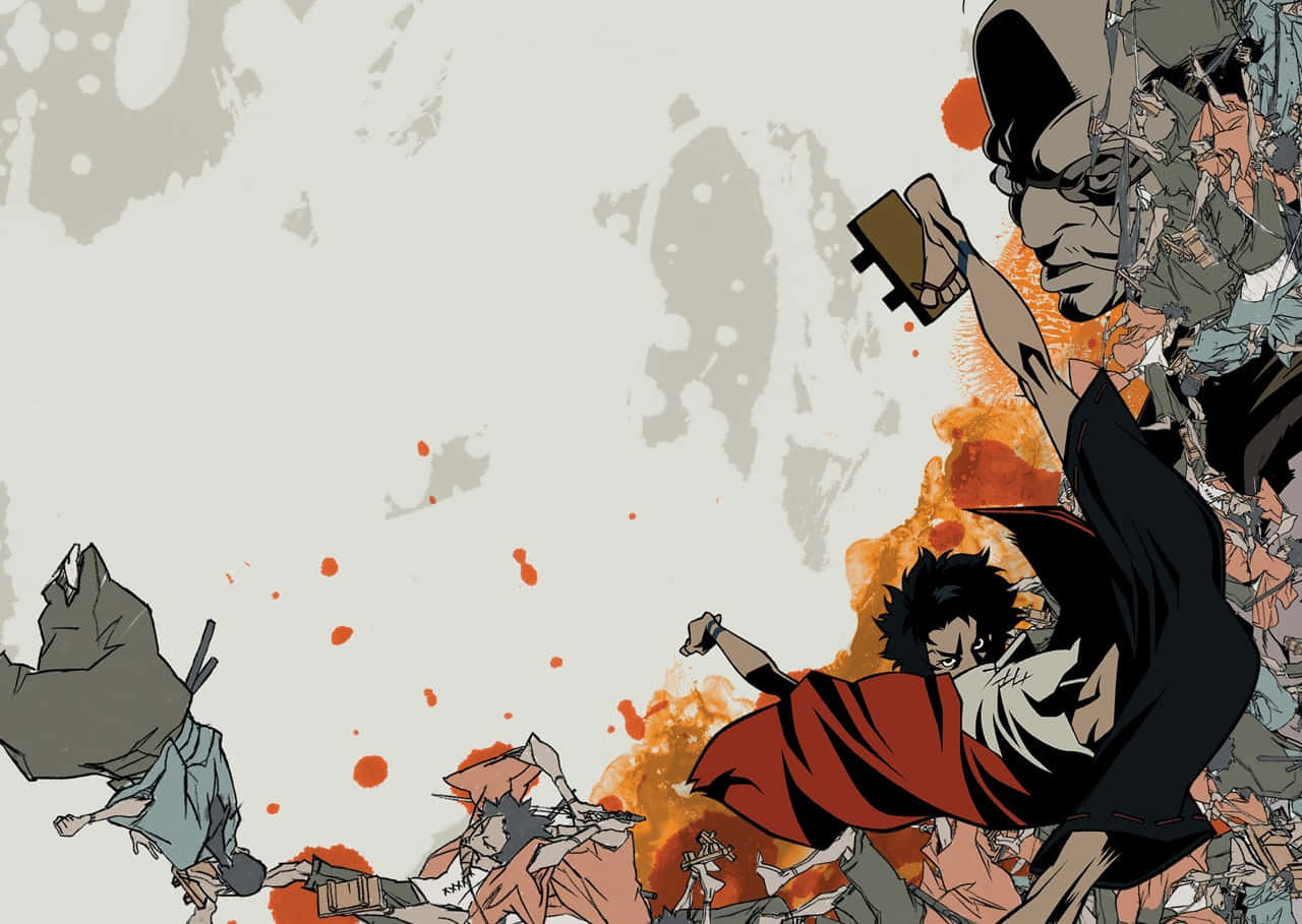 Fuu、Jin 與 Mugen 為正義聯手——《Samurai Champloo》 壁紙 — 一個動態的動漫風格戰鬥場景，身穿紅色長袍的戰士在熾熱的橙色飛濺物和碎片中攻擊一個高大的裝甲敵人。