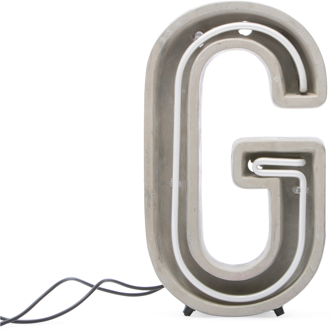 霓虹字母G招牌 壁紙 — 一個發光的白色霓虹字母G，置於混凝土外殼中，在黑色背景上，帶有可見的電源線。