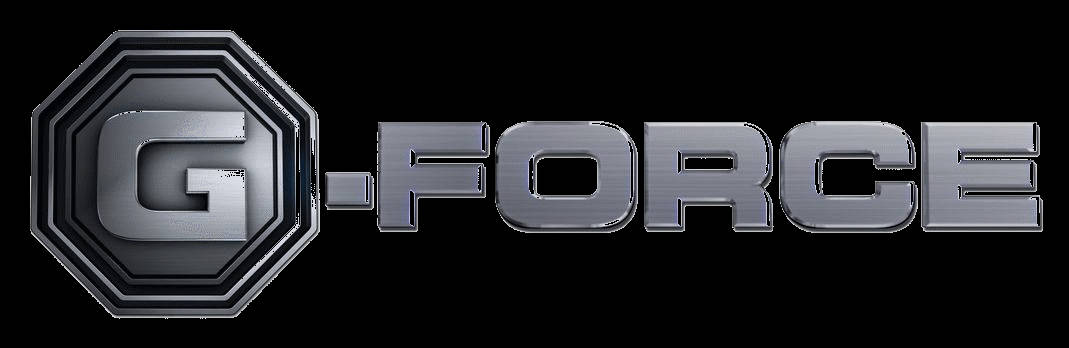 黑色背景上帶有八角形徽章的拉絲銀色G-FORCE標誌