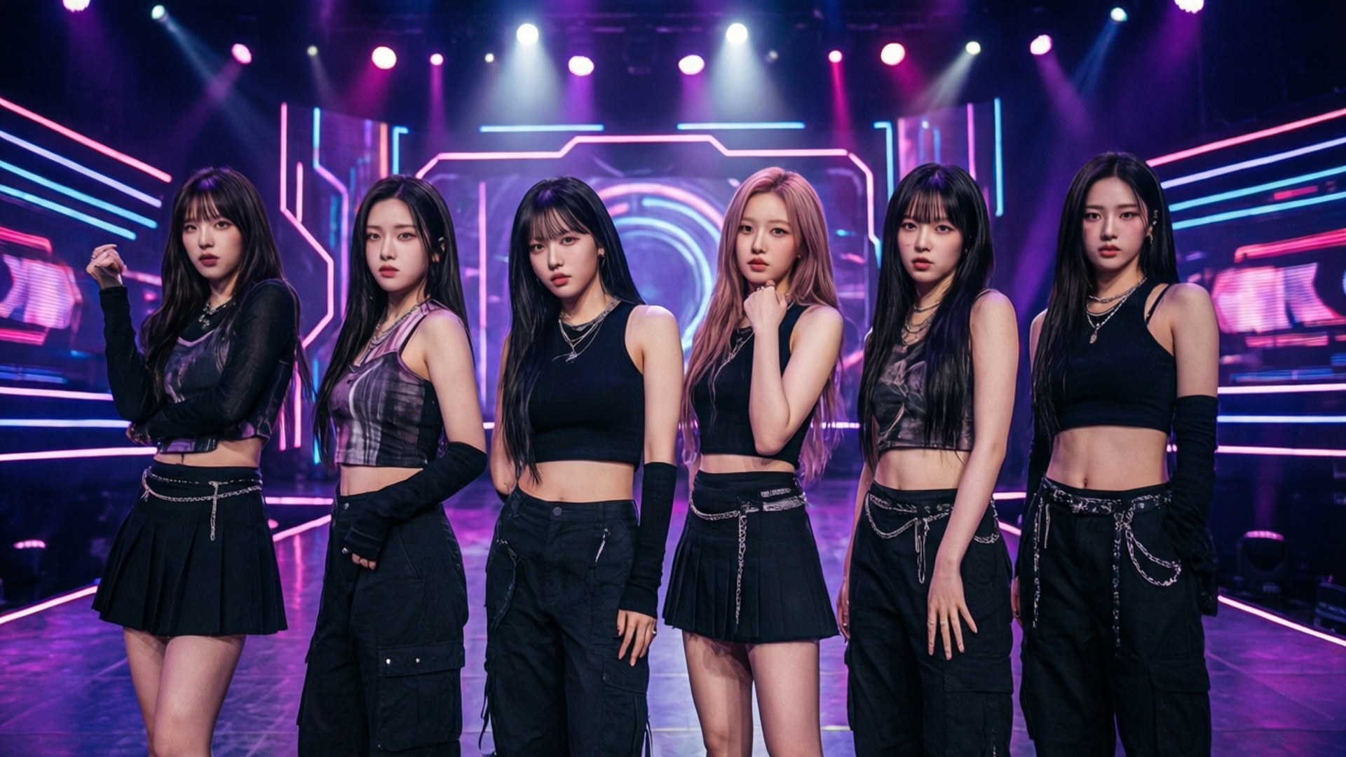 (G)I-DLE霓虹舞台造型 壁紙 — 五位女性K-pop偶像在一個霓虹燈閃爍的舞台上自信地擺姿勢，背景是發光的紫色和粉紅色燈光以及未來感的幾何圖案。